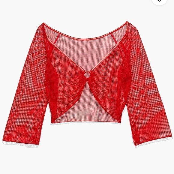 Savage X Fenty Glossy Flossy Fishnet Off Shoulder Crop Top Goji Berry 1X NWT - Picture 4 of 7